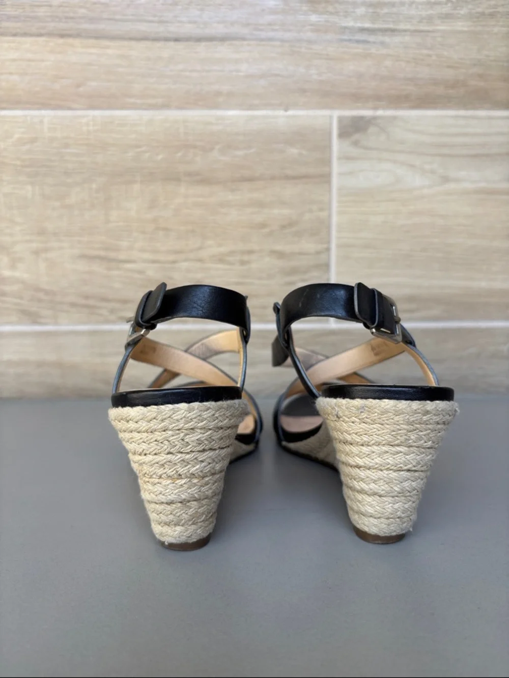 Cole Haan Black Leather Espadrille Taylor Wedge Sandal 7B